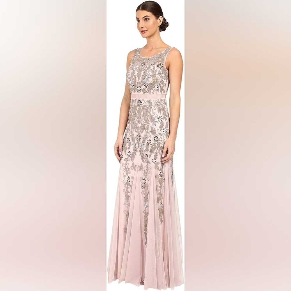 Adrianna Papell Sleeveless Illusion Yoke Formal Gown, Icy Lilac, Beaded, Sz 10